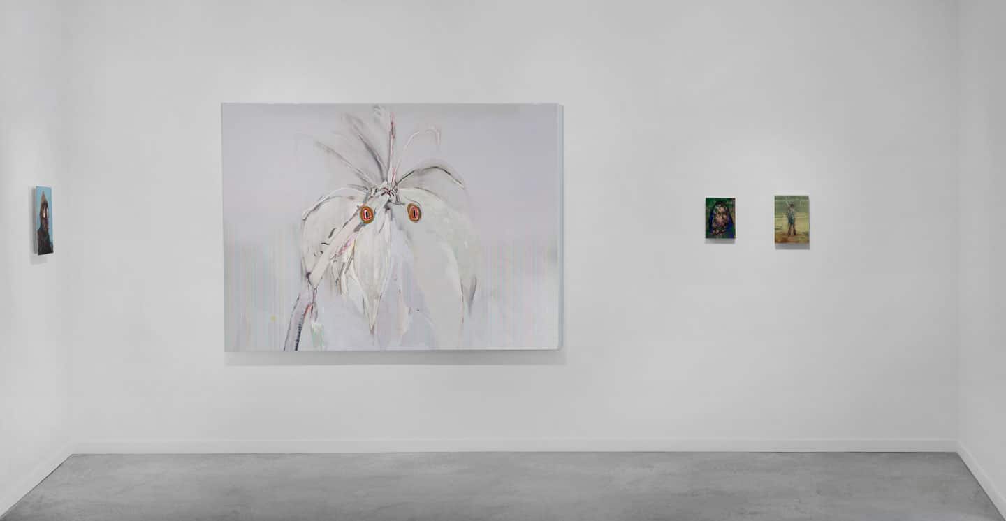 Alex Fischer, (FAR LEFT) Bluenose, 2011. (CENTER) Parrots, 2011. (RIGHT) Myrrha, 2011,  (FAR RIGHT) Artists Image, 2011 installed in 'Beyond The Fall' at O'Born Contemporary
